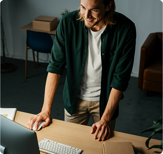 Man in casual attire working at a home office desk, engaged in a video call on his laptop.